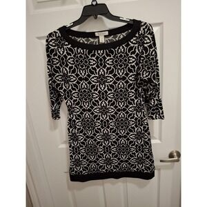 3/$15 White House Black Market Medium Black White Fleur De‎ Lis 3/4 Sleeve Dress